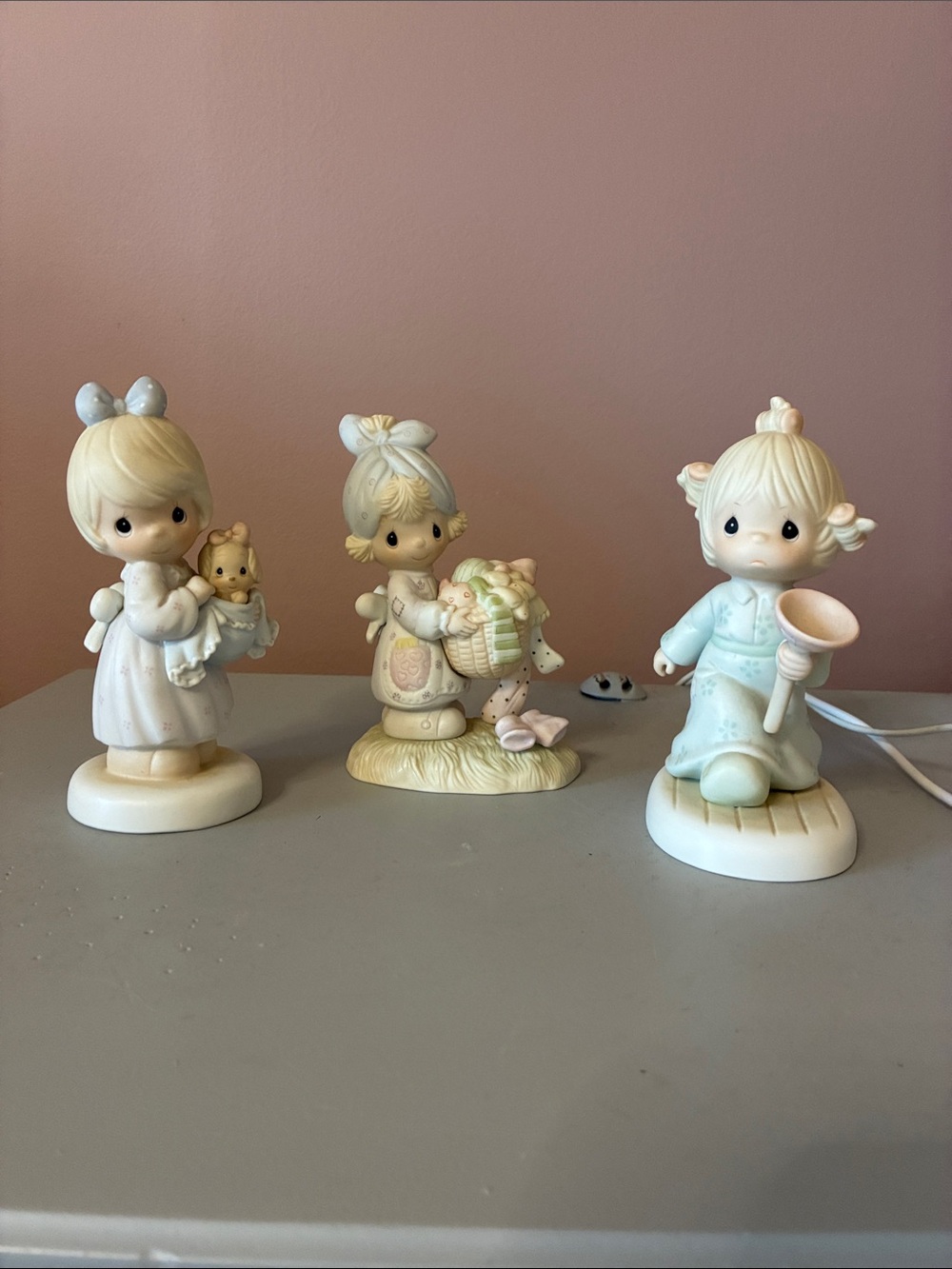 Precious Moments Pastel Figurine Trio - Light Blue, Cream, Pale Pink